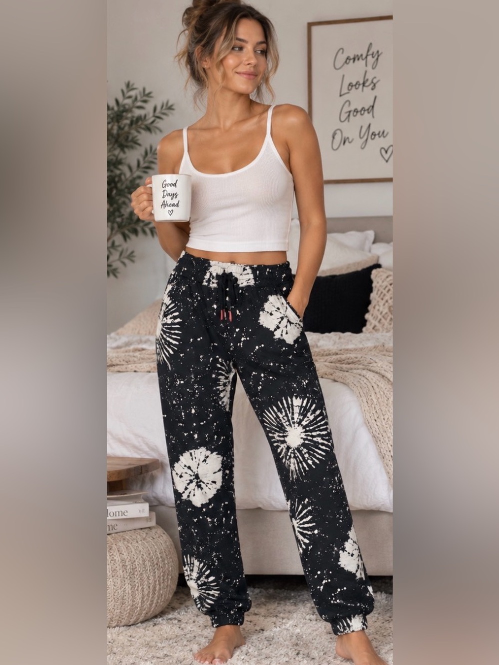 NWT PJ Salvage XS Stormy Monday Black White Tie Dye Jogger Pajama Pants